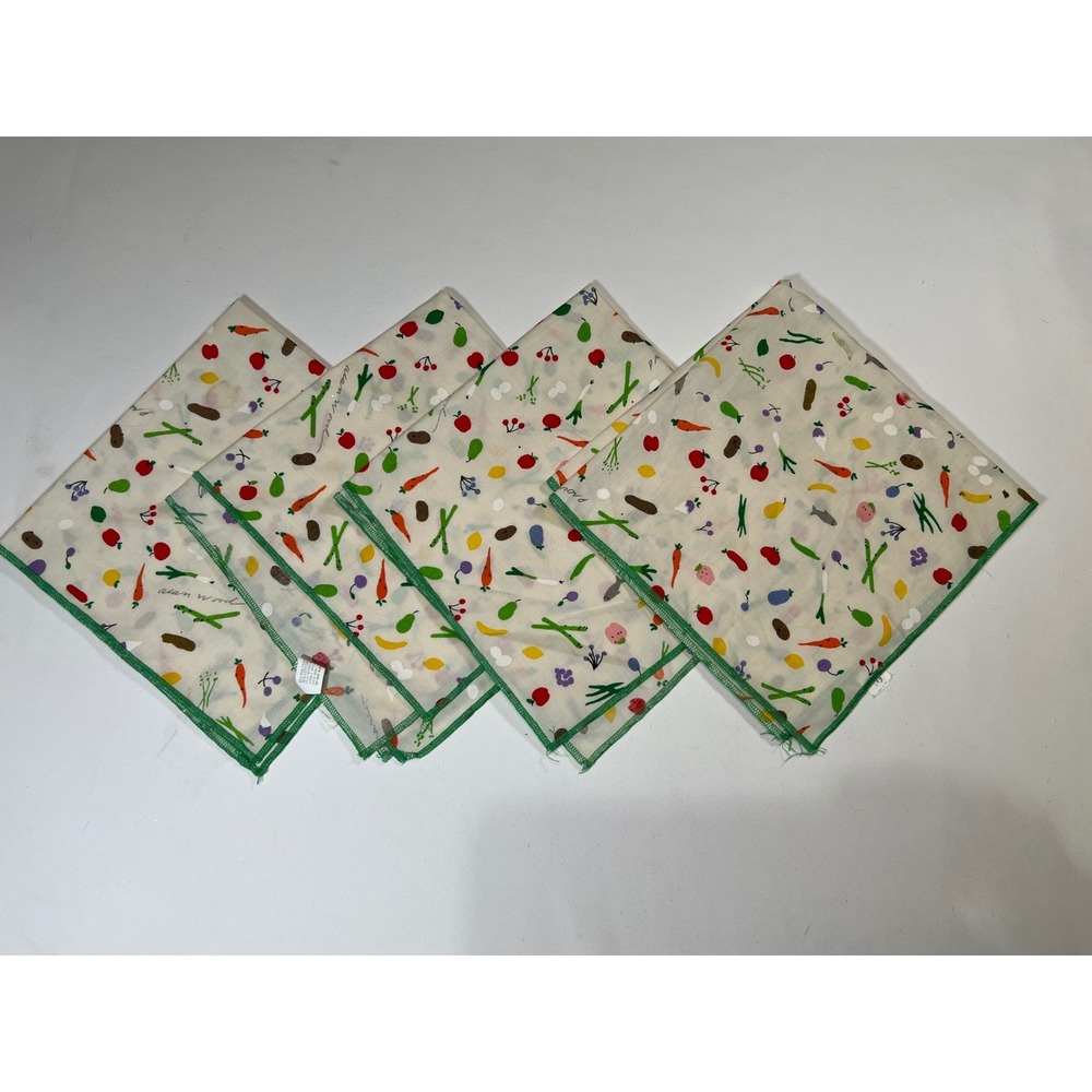 Vintage Lillian Vernon Fruit Vegetable Print Cloth Napkin Set of 4 Green Edge